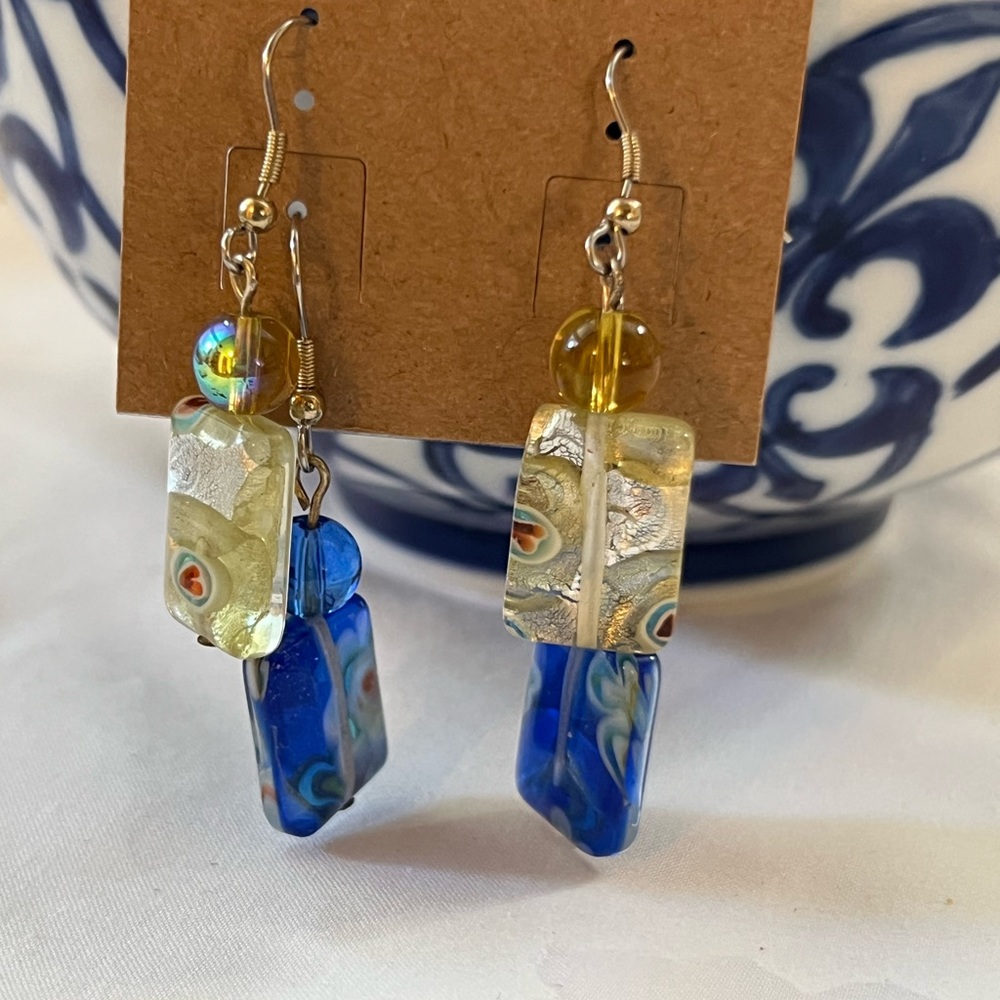 Bead, millifiori glass, square-transparent light earrings. (2sets)